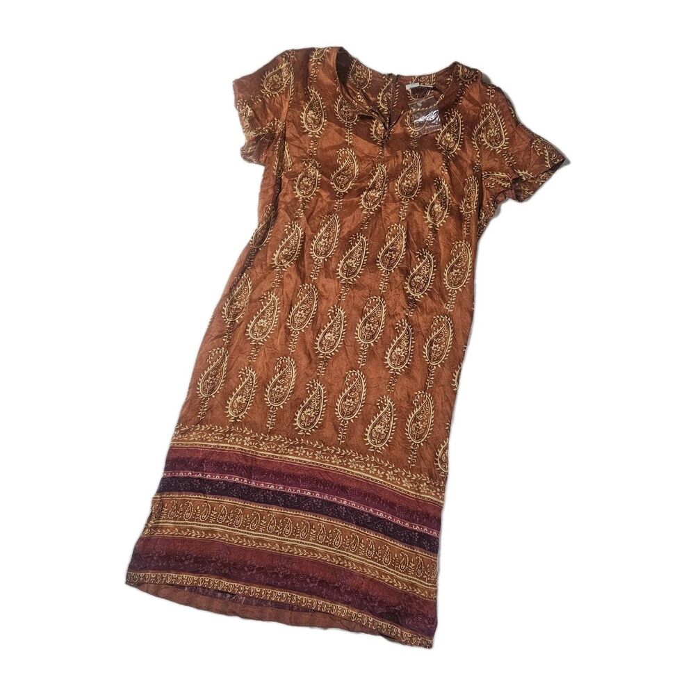 VTG CW Womens Midi Sheath Dress Size 12 Silk Orange Paisley Boho Festival Fairy